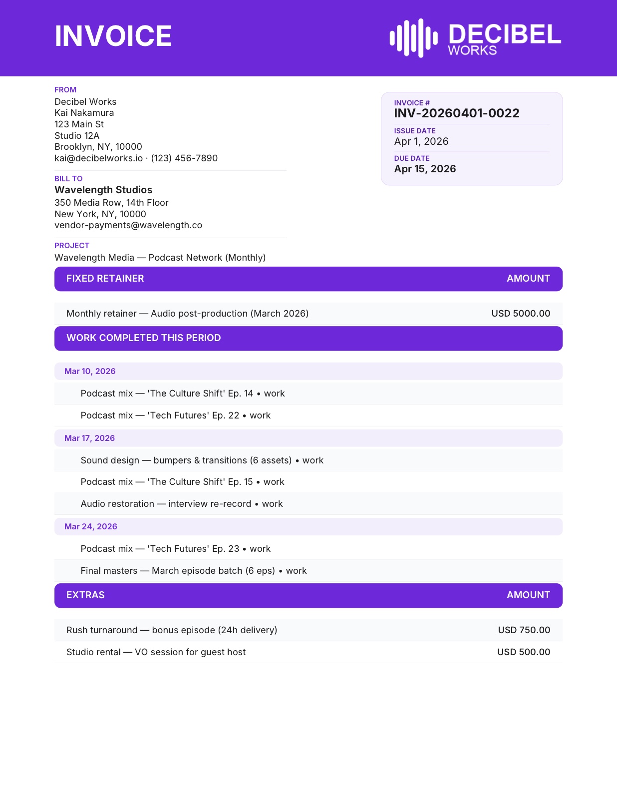 Audio engineer invoice example — Decibel Works, $6,250
