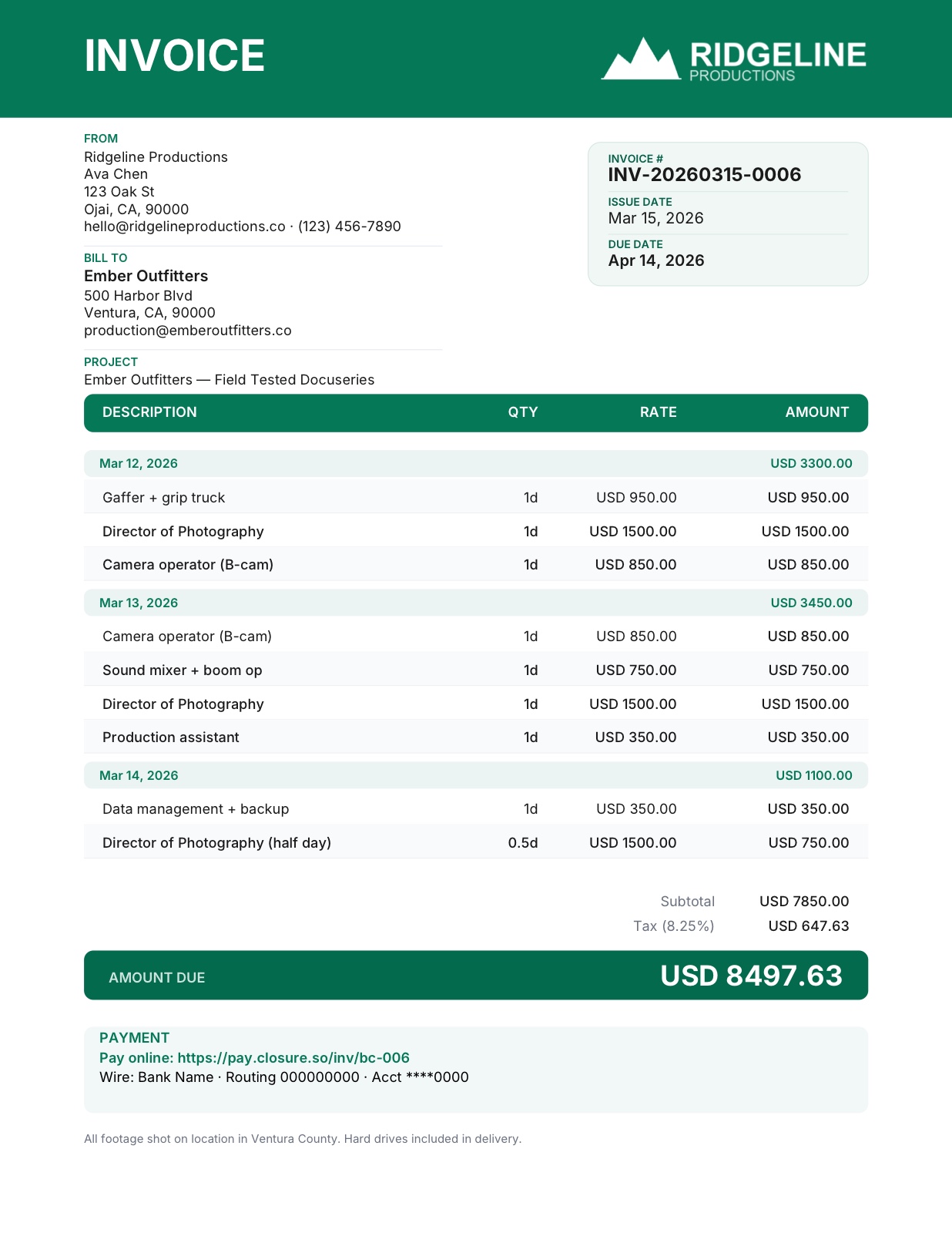 Production crew invoice example — Ridgeline, $8,497