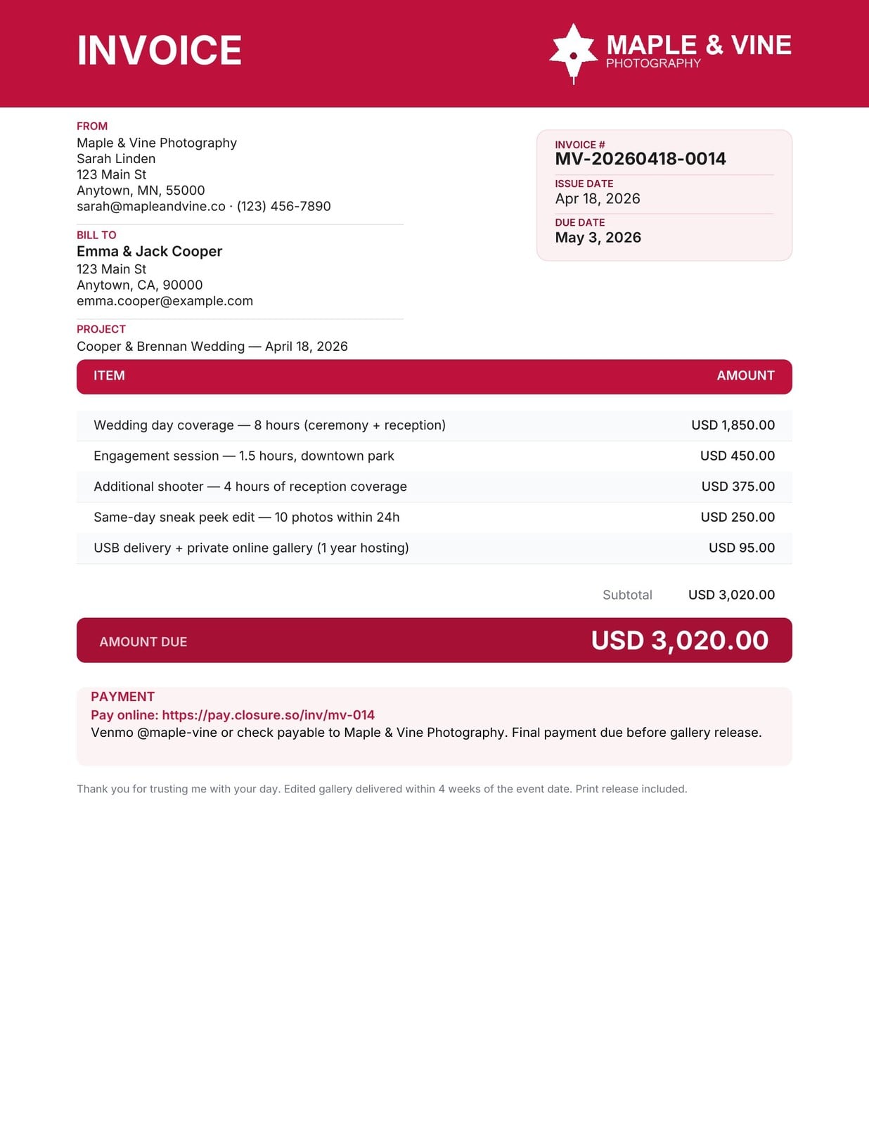 Wedding photographer invoice example — Maple & Vine Photography, $3,020