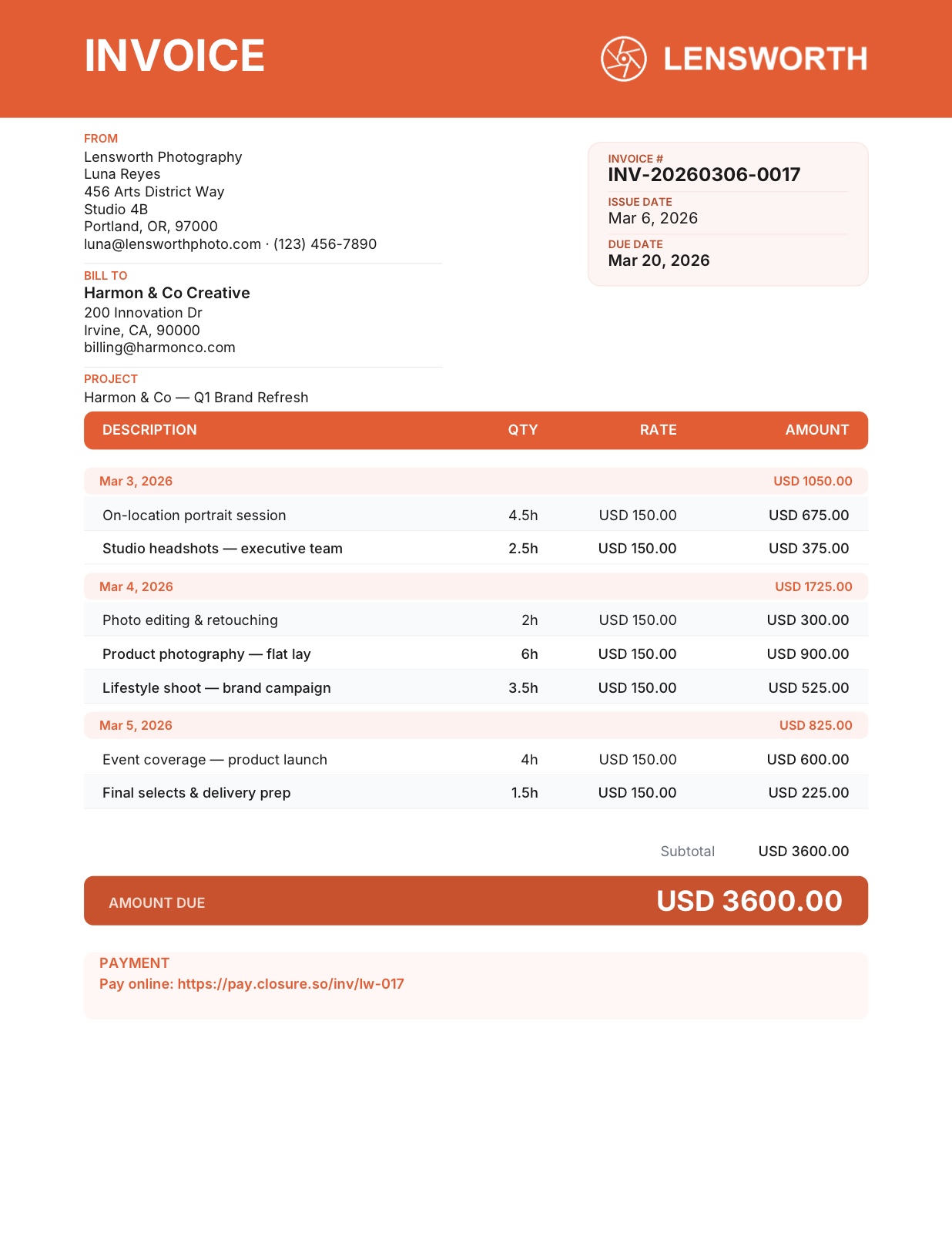 Photographer invoice example — Lensworth, $3,600