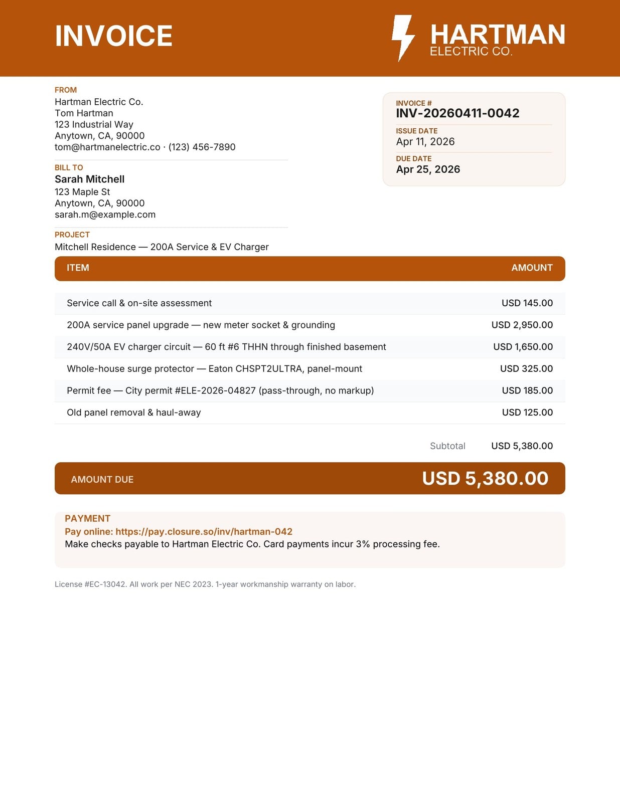 Electrician invoice example — Hartman Electric Co., $5,380