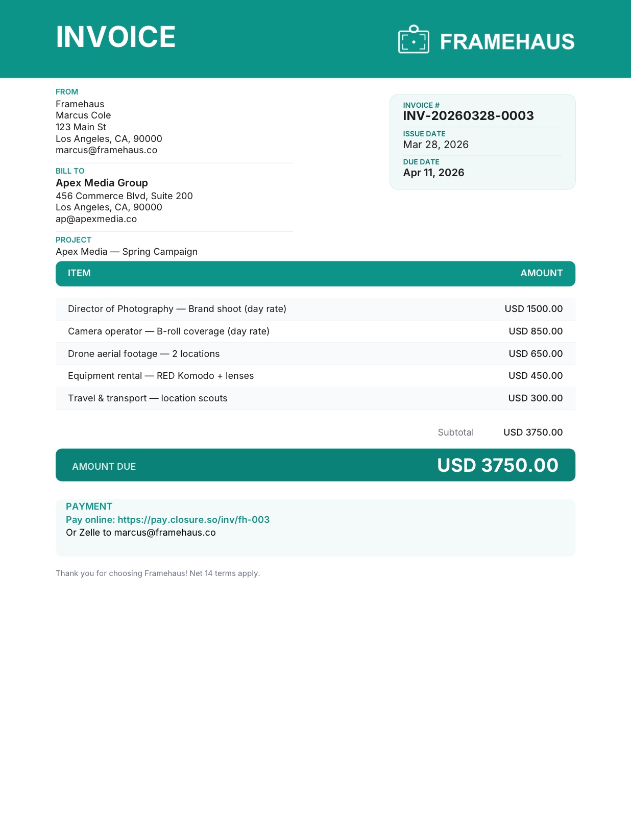 Videographer invoice example — Framehaus, $3,750